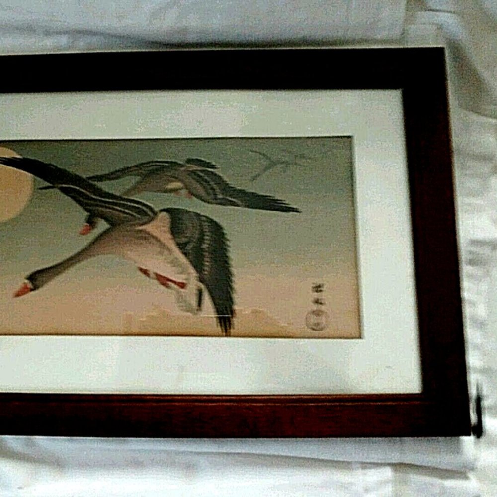 Japanese Ink Painting of Geese n Flight Antique Early 19TH Century Framed Signed - Picture 3 of 13